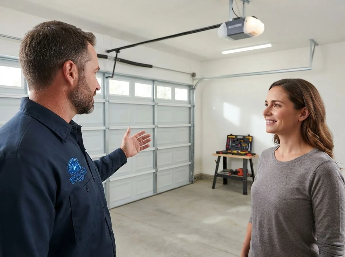 Technician installing a garage door opener in a Springfield, IL home garage