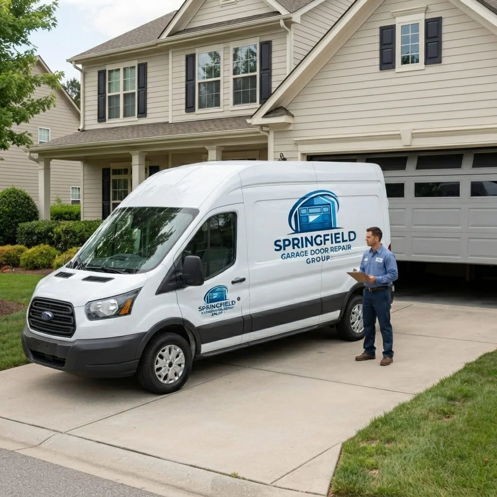 Garage door opener being repaired in a newer Sherman, Illinois subdivision home