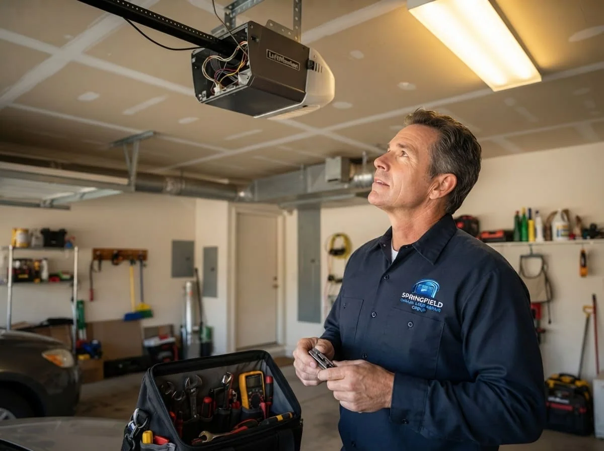 Garage Door Panel Replacement in Springfield, IL Technician replacing a dented garage door panel section on a Springfield, IL home