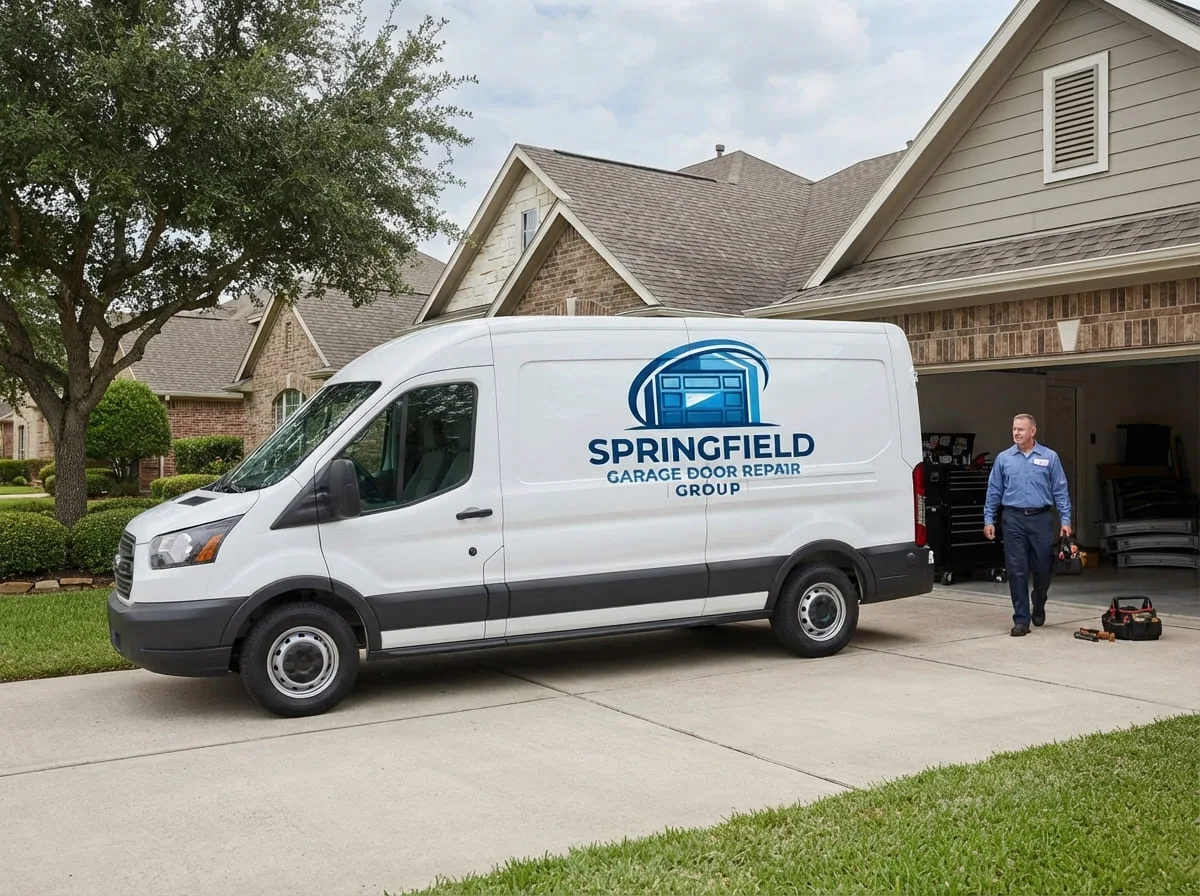 Technician inspecting a garage door spring at a lakefront home near Lake Springfield, IL