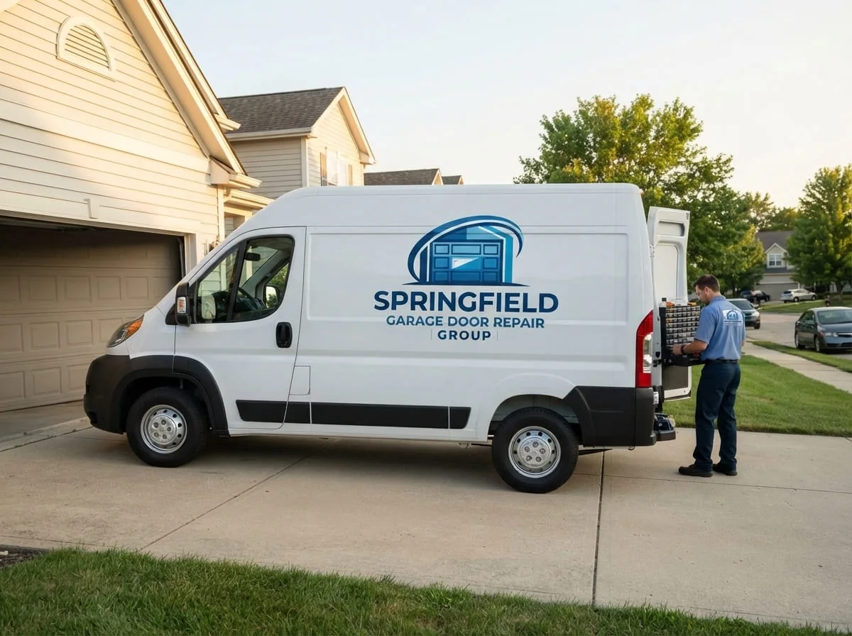 Garage Door Repair Service in Sherman, IL Technician repairing a residential garage door torsion spring on a home in Sherman, Illinois