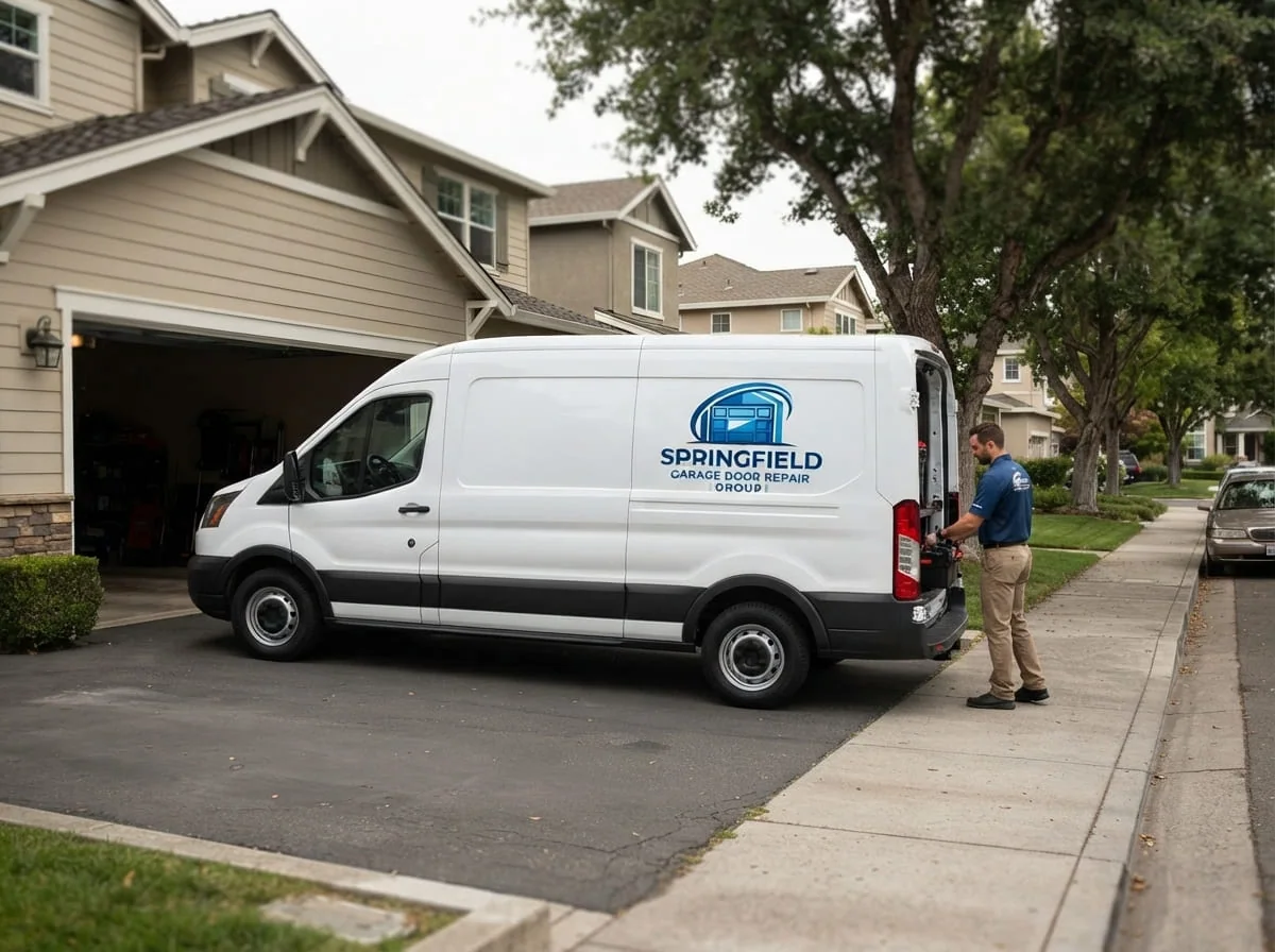 Garage Door Repair in Westchester, Springfield, IL Technician repairing a torsion spring on a brick ranch garage door in Westchester, Springfield IL