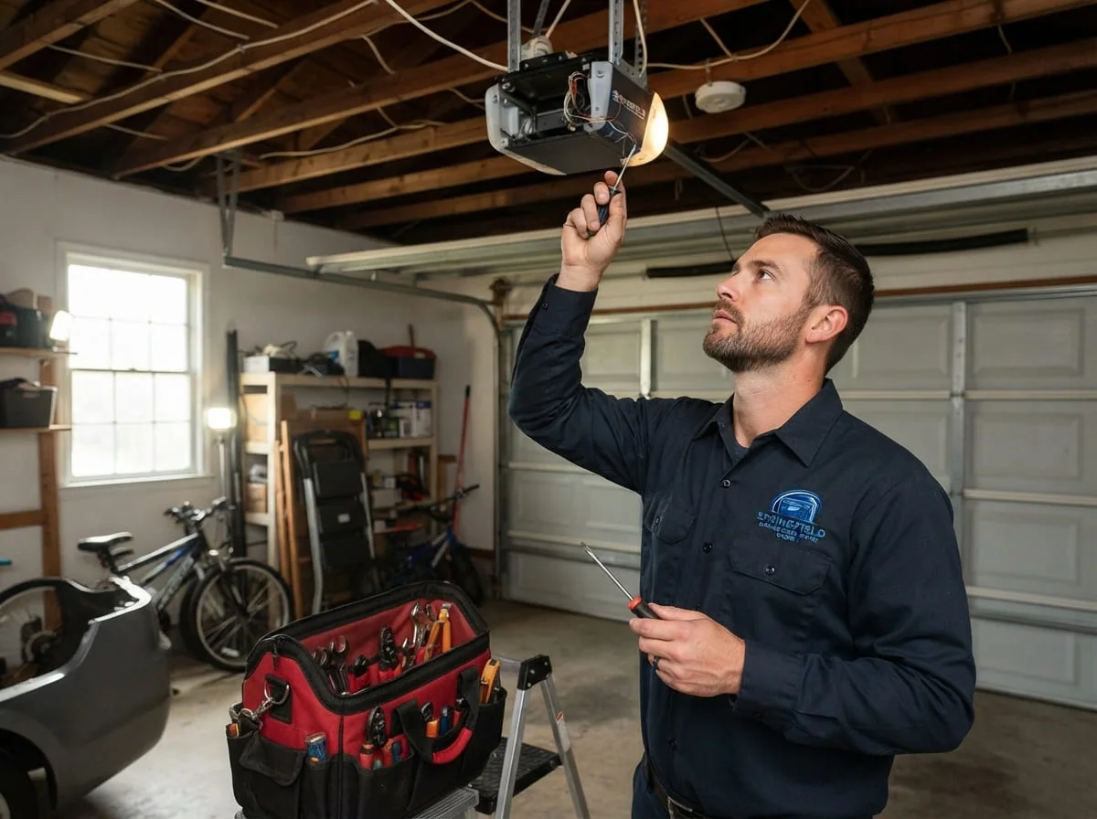 Close-up of a garage door photo-eye safety sensor mounted a few inches above the floor